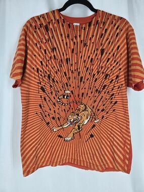 Threadless Orange & Red Striped Short Sleeve Tee with Tiger Graphic